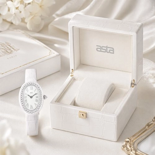 asta-Women Acetate Japan Quartz Watch White Porcelain Swirl 0402- White Leather Strap