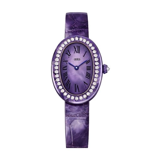 asta-Women Acetate Japan Quartz Watch Amethyst Phantom Swirl 0403- Purple Leather Strap