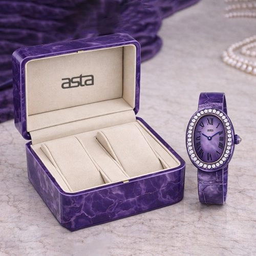 asta-Women Acetate Japan Quartz Watch Amethyst Phantom Swirl 0403- Purple Leather Strap
