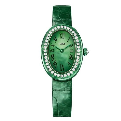 Reloj de cuarzo «asta-Women» de acetato, fabricado en Japón, con diseño «Jadeite Phantom Swirl 0404» y correa de cuero verde