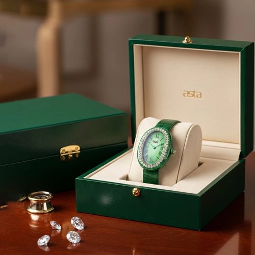 Reloj de cuarzo «asta-Women» de acetato, fabricado en Japón, con diseño «Jadeite Phantom Swirl 0404» y correa de cuero verde