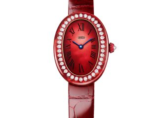 asta-Women Acetate Japan Quartz Watch Scarlet Phantom Swirl 0405- Red Leather Strap