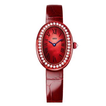 asta-Women Acetate Japan Quartz Watch Scarlet Phantom Swirl 0405- Red Leather Strap
