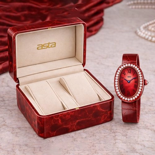 asta-Women Acetate Japan Quartz Watch Scarlet Phantom Swirl 0405- Red Leather Strap