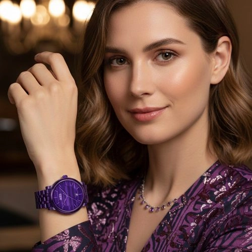 asta-Damen-Quarzuhr aus Japan mit Acetatarmband, Amethyst Strata Phantom 7301 – Acetatarmband