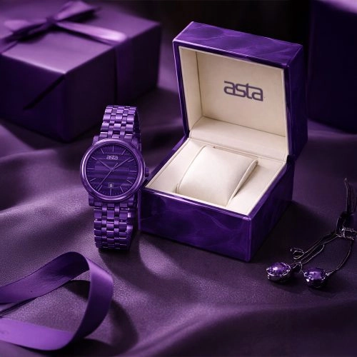 asta-Damen-Quarzuhr aus Japan mit Acetatarmband, Amethyst Strata Phantom 7301 – Acetatarmband