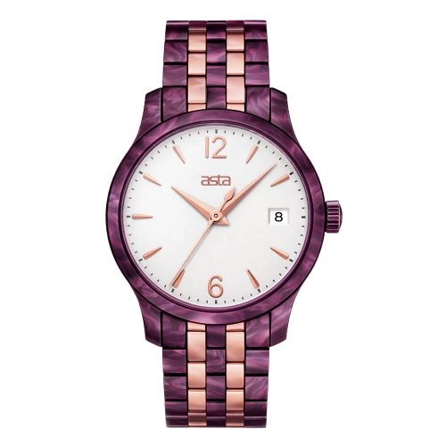 asta-Women Acetate Japan Quartz Watch Sparkling Purple Crystal Gold 7401-Acetate Strap