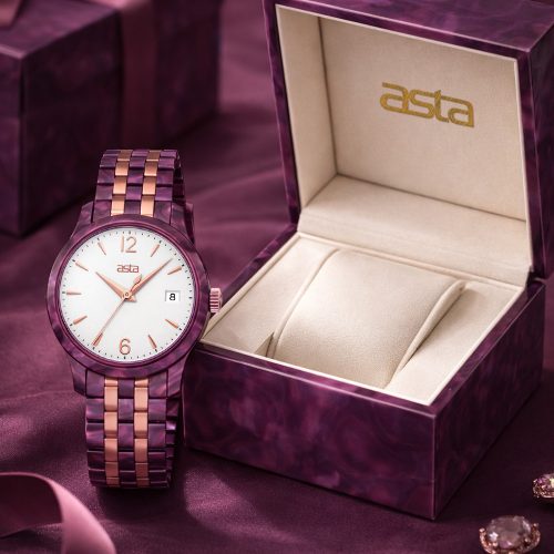 asta-Women Acetate Japan Quartz Watch Sparkling Purple Crystal Gold 7401-Acetate Strap