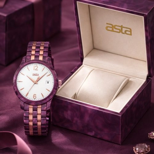 asta-Women Acetate Japan Quartz Watch Sparkling Purple Crystal Gold 7401-Acetate Strap
