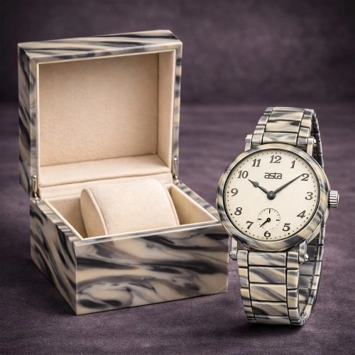 asta-Damenuhr aus Acetat mit japanischem Quarzwerk, „Snowy Strata Marble“, 8101 – Acetat-Armband