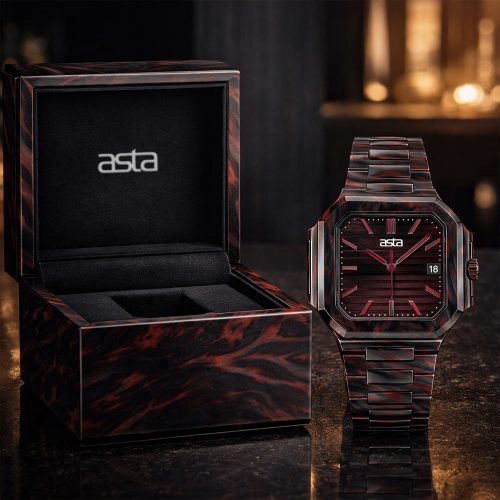 asta – Damenuhr aus Acetat mit japanischem Quarzwerk, „Inferno Shadow Swirl“, Modell 8201 – Acetat-Armband