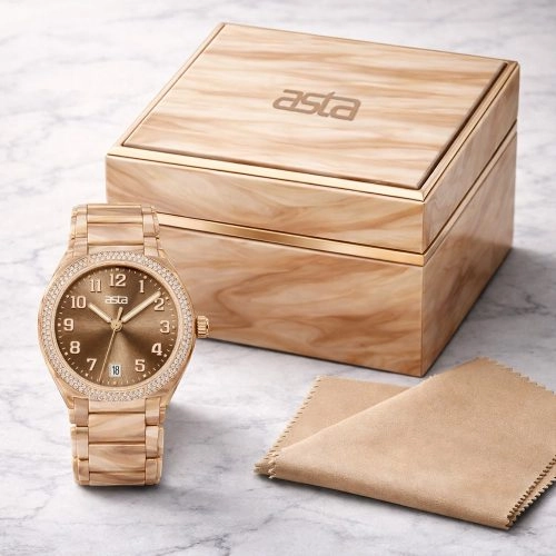 asta-Women Acetate Japan Quartz Watch Latte Cloud Swirl 8901-Acetate Strap