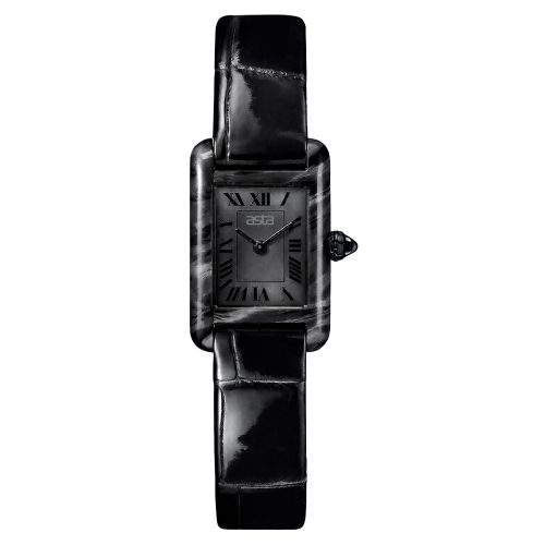 asta-Women Acetate Japan Quartz Watch Obsidian Shadow Phantom 9701-Black Leather Strap