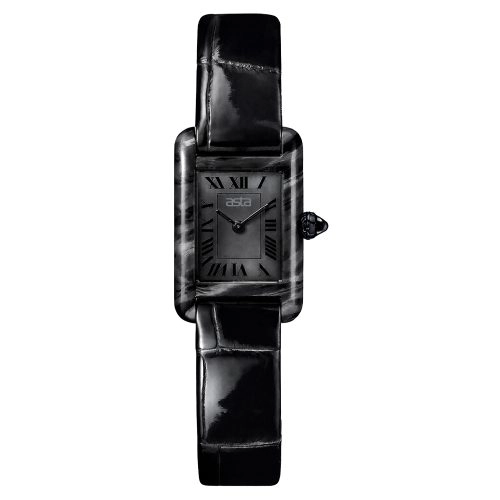 Relógio de quartzo japonês em acetato para mulher da marca Asta - Modelo Obsidian Shadow Phantom 9701 - Bracelete em couro preto