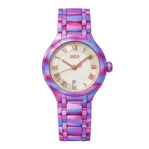 Relógio de quartzo japonês para mulher da Asta, com pulseira em acetato, modelo Aurora Violet Drift 10701