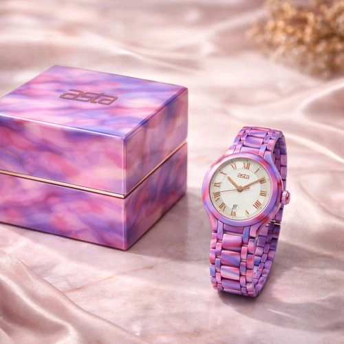 Relógio de quartzo japonês para mulher da Asta, com pulseira em acetato, modelo Aurora Violet Drift 10701