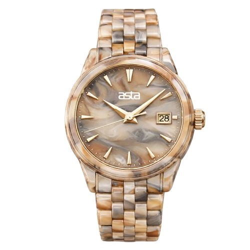 asta-Women Acetate Japan Quartz Watch Golden Grey Crag Swirl 11901-Acetate Strap