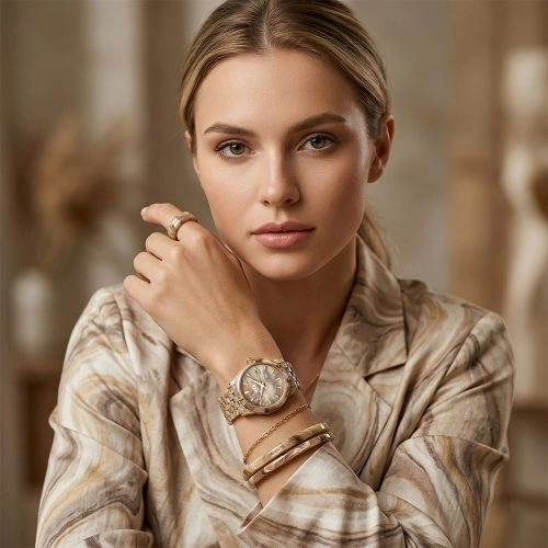 asta-Women Acetate Japan Quartz Watch Golden Grey Crag Swirl 11901-Acetate Strap