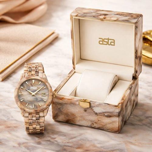 asta-Women Acetate Japan Quartz Watch Golden Grey Crag Swirl 11901-Acetate Strap