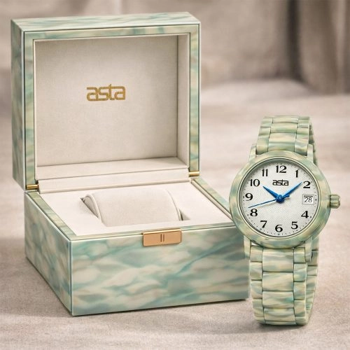 asta-Women Acetate Japan Quartz Watch Mint Obsidian Swirl 12601-Acetate Strap