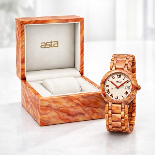 asta-Women Acetate Japan Quartz Watch Caramel Obsidian Swirl 12901-Acetate Strap