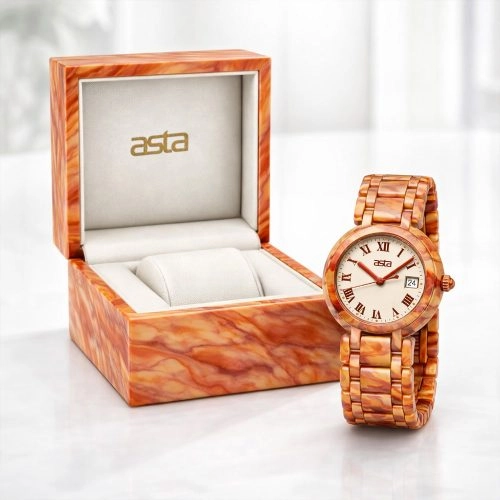 asta-Women Acetate Japan Quartz Watch Caramel Obsidian Swirl 12901-Acetate Strap