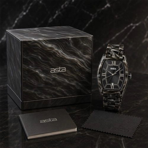 asta-Women Acetate Japan Quartz Watch Black Obsidian Vein Swirl 13701-Acetate Strap