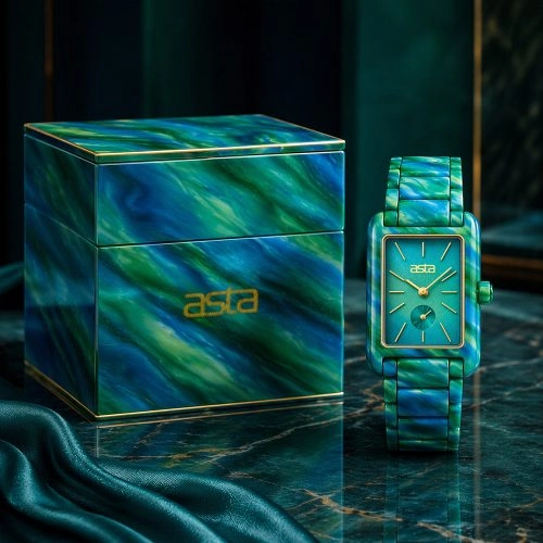 asta-Damenuhr aus Acetat, japanisches Quarzwerk, „Emerald Sea-Star Swirl“, 13901 – Acetat-Armband