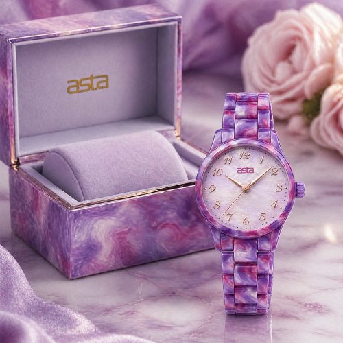 asta-Women Acetate Japan Quartz Watch Purple Pink Star-Tide Swirl 14401-Acetate Strap