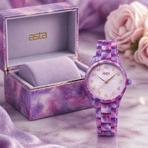 asta-Women Acetate Japan Quartz Watch Purple Pink Star-Tide Swirl 14401-Acetate Strap