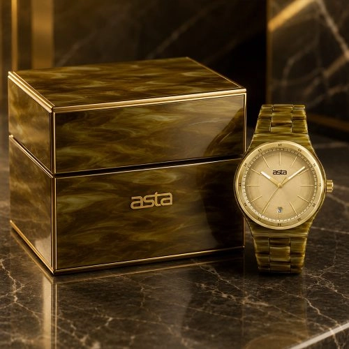 asta-Women Acetate Japan Quartz Watch Golden Grain Swirl 14801-Acetate Strap