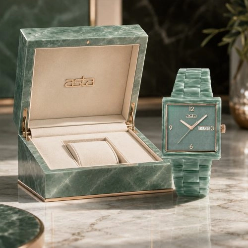 asta-Damenuhr aus Acetat, japanisches Quarzwerk, „Mint Rock Phantom Swirl“, 15001 – Acetat-Armband