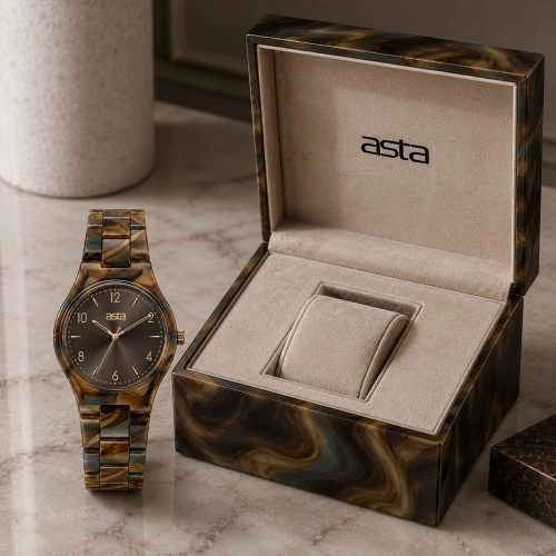 asta-Women Acetate Japan Quartz Watch Caramel Rock Swirl 15501-Acetate Strap