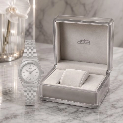 asta-Women Acetate Japan Quartz Watch Lunar Silver Obsidian 15801-Acetate Strap
