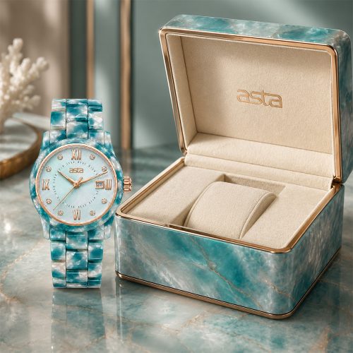 asta-Women Acetate Japan Quartz Watch Teal Ice-Crush Swirl 16101-Acetate Strap