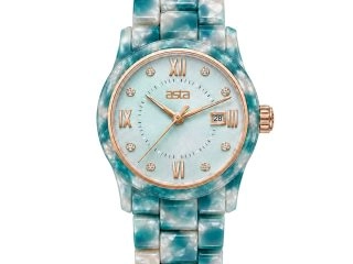 asta-Women Acetate Japan Quartz Watch Teal Ice-Crush Swirl 16101-Acetate Strap