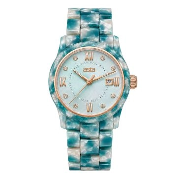 asta-Women Acetate Japan Quartz Watch Teal Ice-Crush Swirl 16101-Acetate Strap