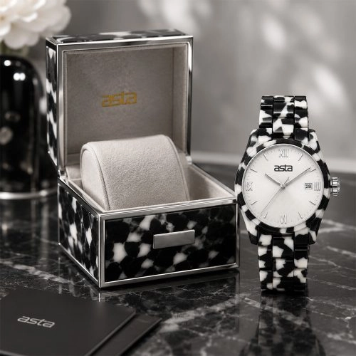 asta-Women Acetate Japan Quartz Watch Obsidian Snow Matrix 16701-Acetate Strap