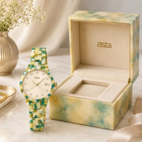 asta-Women Acetate Japan Quartz Watch Mint Lemon Quartz Swirl 17101-Acetate Strap