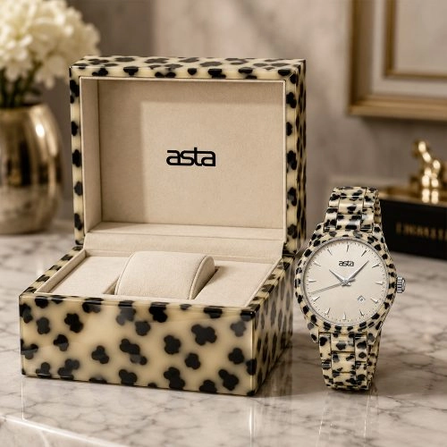 asta-Women Acetate Japan Quartz Watch Ivory Ink Matrix 17601-Acetate Strap