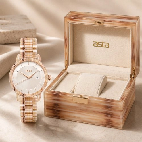 asta-Women Acetate Japan Quartz Watch Oatmeal Silk Drift 18301-Acetate Strap