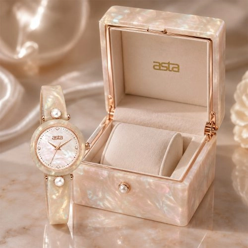 asta-Women Acetate Japan Quartz Watch Champagne Moon Pearl Swirl 19001-Acetate Strap