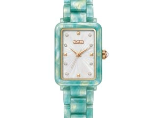 asta-Women Acetate Japan Quartz Watch Turquoise Gold Swirl 19401-Acetate Strap