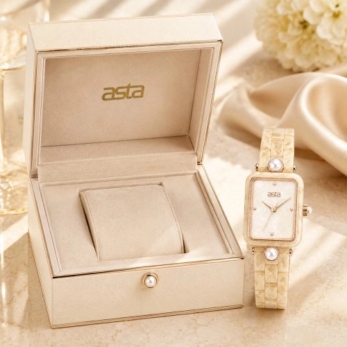 asta-Women Acetate Japan Quartz Watch Oatmeal Cream Swirl 19501-Acetate Strap