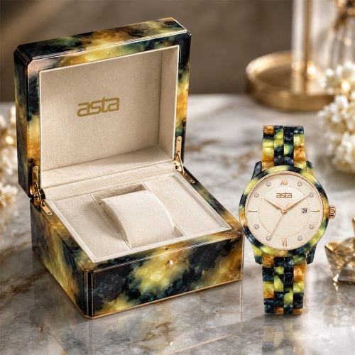 asta-Women Acetate Japan Quartz Watch Obsidian Jade Swirl 19901-Acetate Strap