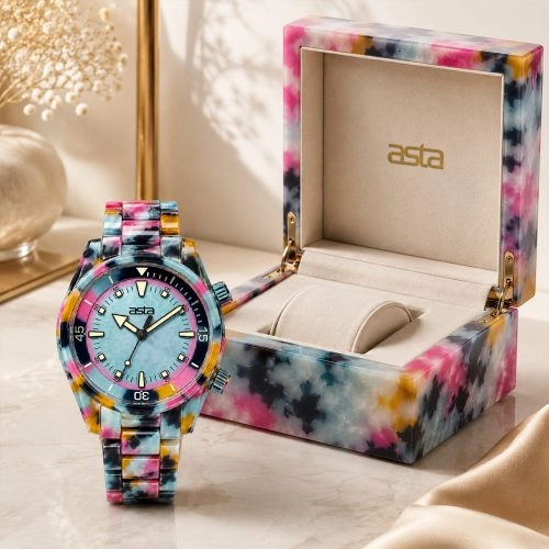 asta-Women Acetate Japan Quartz Watch Neon Reef Camo Swirl 20301-Acetate Strap