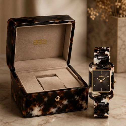 asta-Women Acetate Japan Quartz Watch Obsidian Alabaster Drift 21101-Acetate Strap