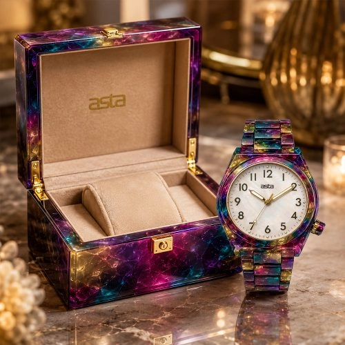 Relógio de quartzo «asta-Women» com acetato, fabricado no Japão, com padrão «Opal Nebula Swirl» multicolorido, 20101 — Bracelete em acetato