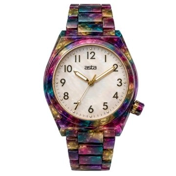asta-Women Acetate Japan Quartz Watch Multicolor Opal Nebula Swirl 20101-Acetate Strap