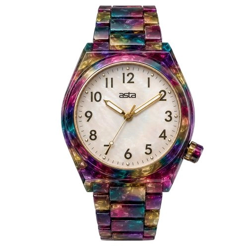Relógio de quartzo «asta-Women» com acetato, fabricado no Japão, com padrão «Opal Nebula Swirl» multicolorido, 20101 — Bracelete em acetato